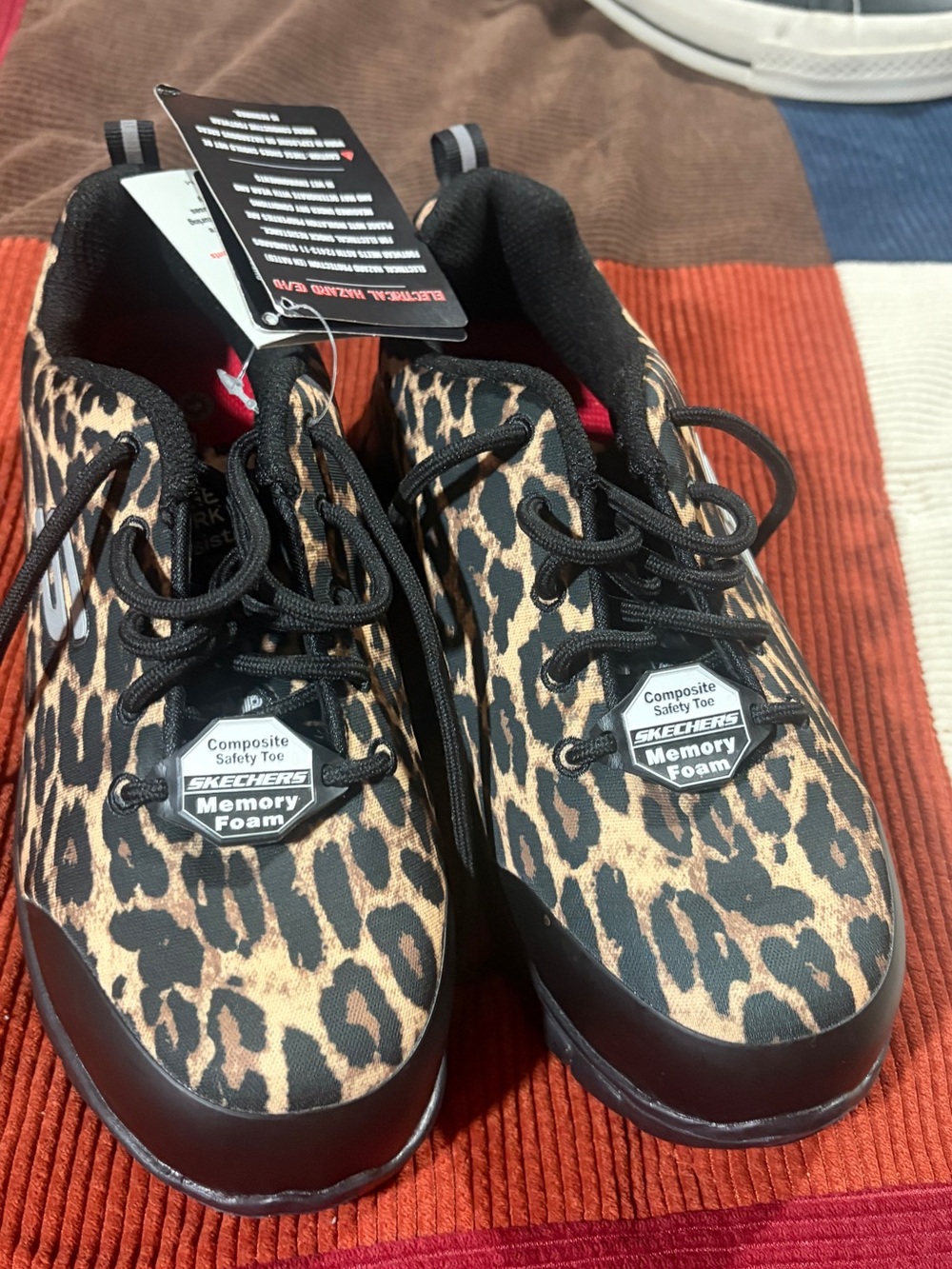 Skechers Leopard Print Black-Trim Memory Foam Safety Sneakers